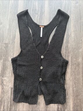 Free People Black and Gold Ribbed Button-Front Top